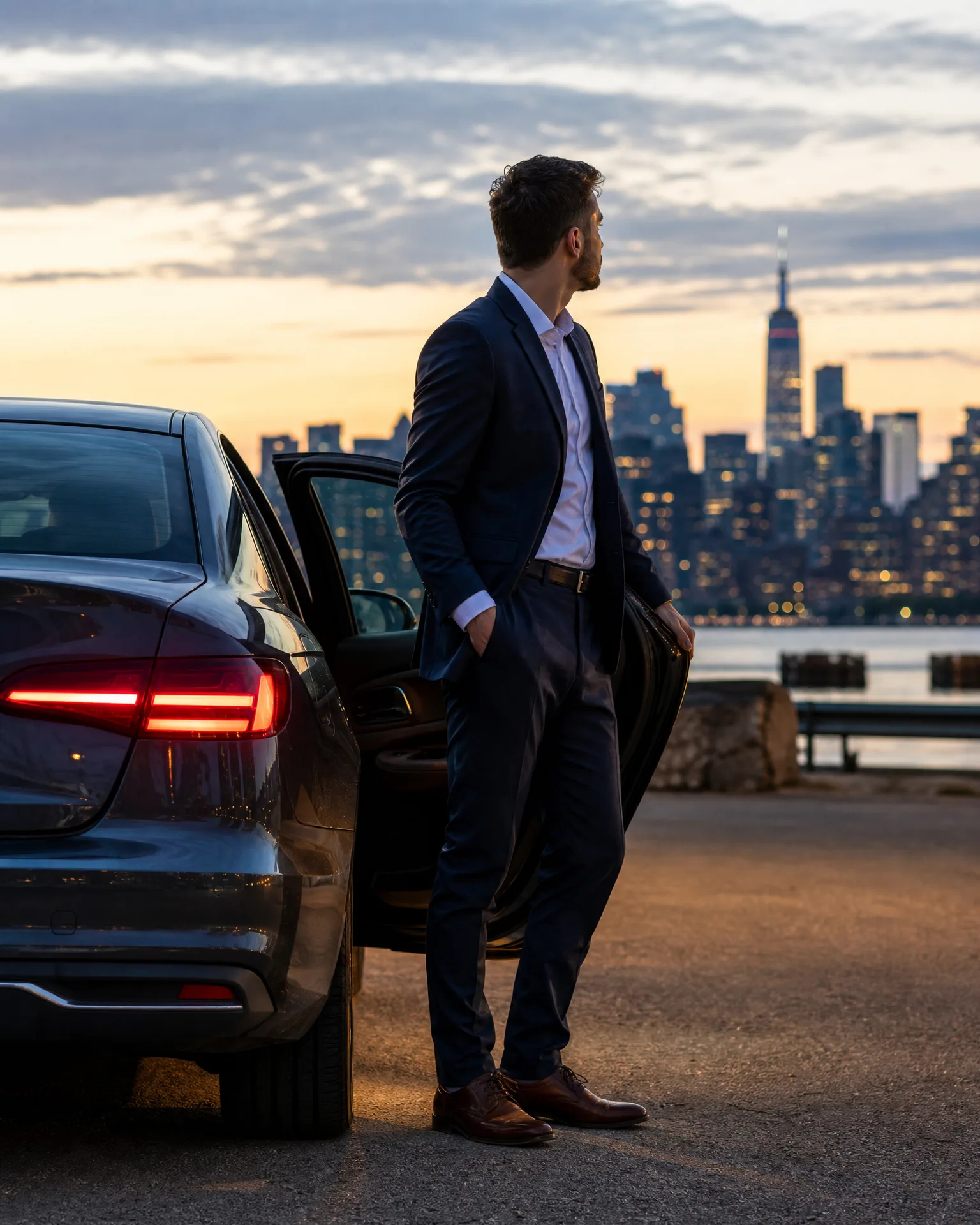 A man in a dark suit and brown shoes stands beside an open rear car door on a paved waterfront lot at dusk, with a lit city skyline across the water behind him.