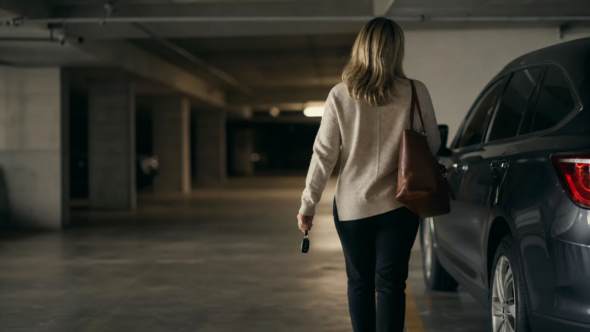 A woman seen from behind, wearing a cream sweater and dark pants with a brown leather bag on her shoulder, walks through a dim concrete parking garage holding a car key, with a dark parked car on the right.