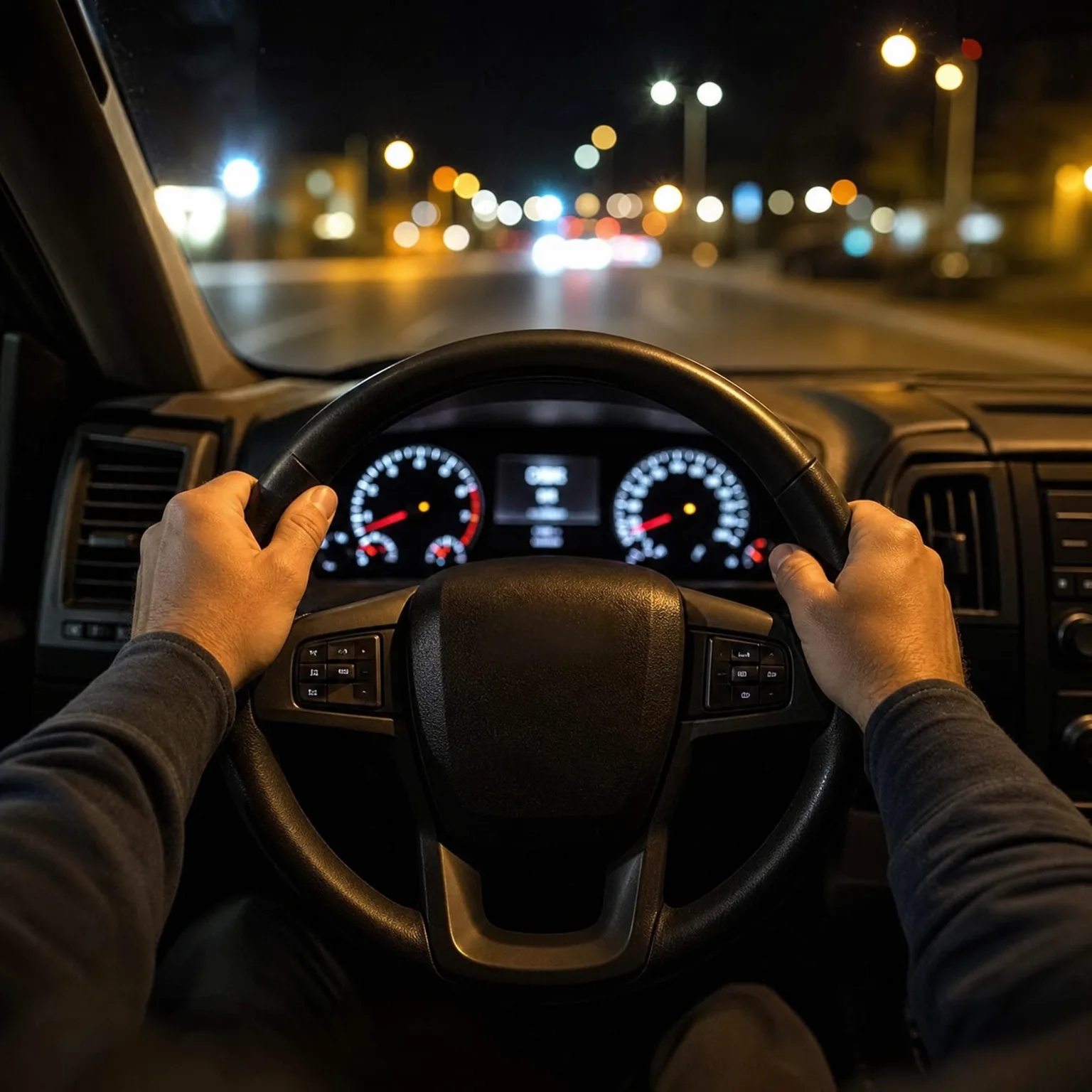 Driver's point of view from inside a car at night, with both hands on the steering wheel, illuminated instrument gauges ahead, and blurred street lights on the road through the windshield.