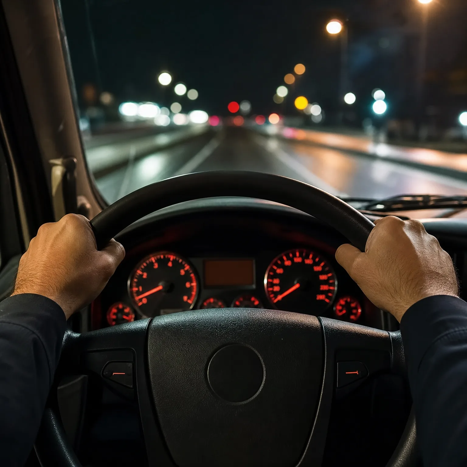 View from a driver's seat at night showing two hands gripping a steering wheel, a red-lit instrument cluster, and a wet road with blurred streetlights through the windshield.
