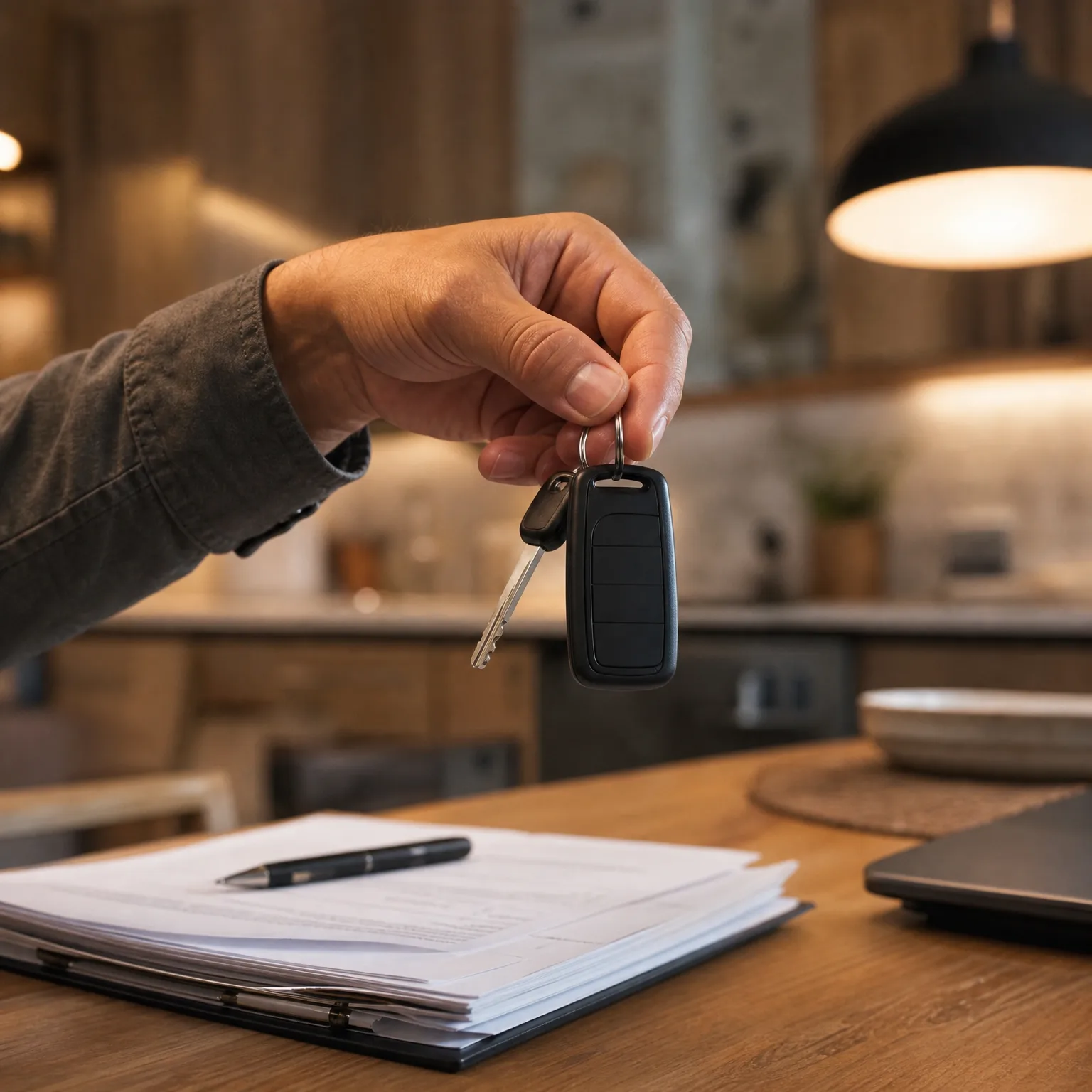 A hand holds out a car key with a black remote fob above a wooden table holding a stack of papers with a pen and a laptop edge, with a blurred kitchen interior behind.