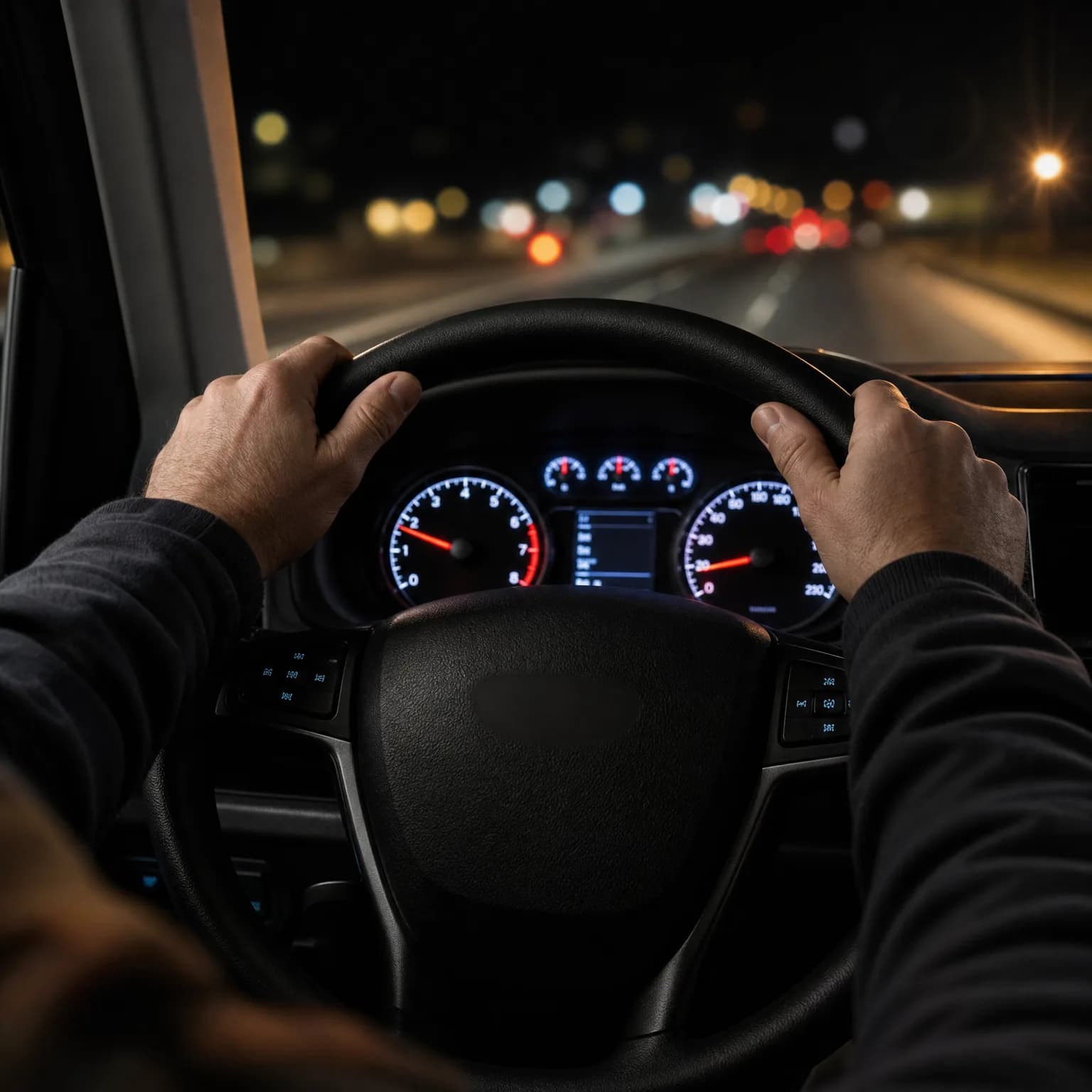 Interior view from the driver's seat at night, with two hands gripping a steering wheel, illuminated instrument dials behind it, and blurred road lights through the windshield.