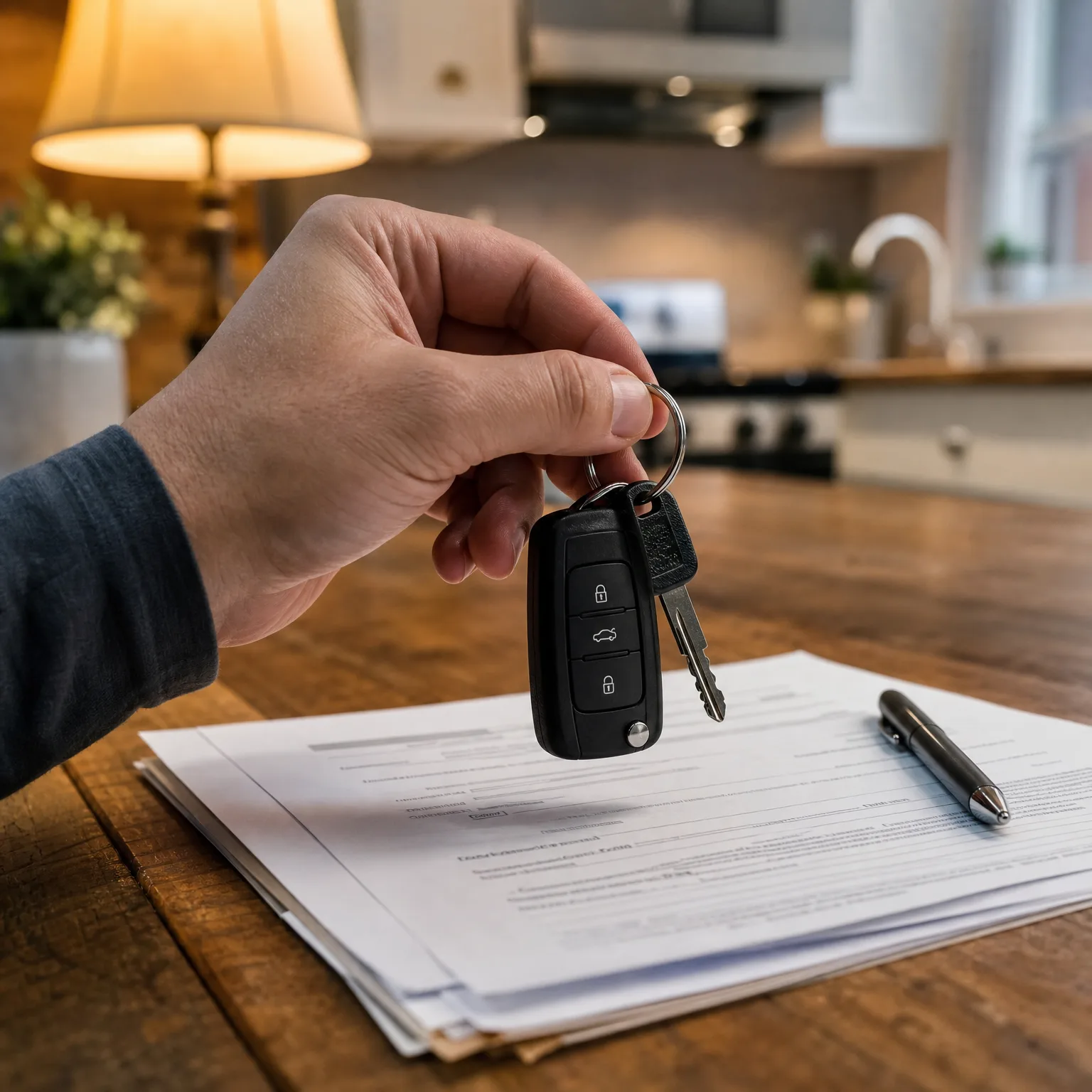 A hand holds a black car key fob and key over a stack of printed documents and a pen on a wooden table, with a blurred kitchen and lit lamp behind.